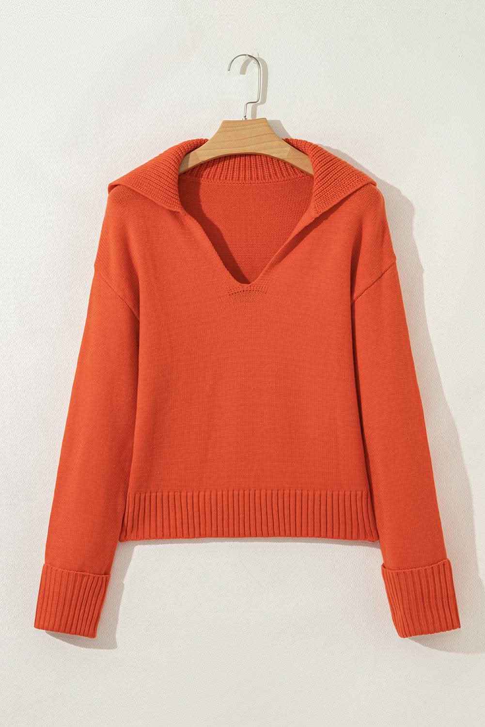 Chestnut Collared V Neck Ribbed Edge Sexy Elegant Sweater
