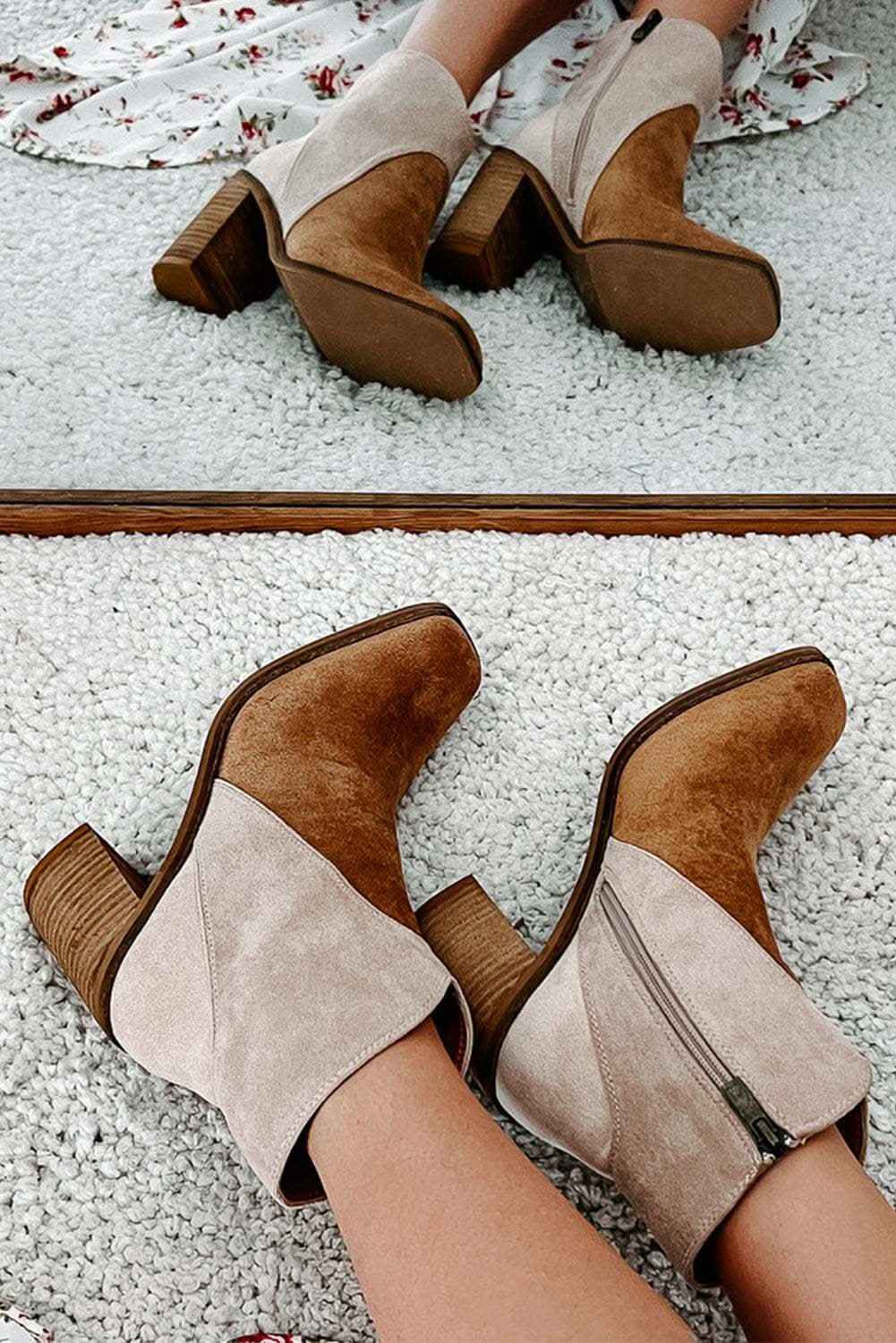 Camel Two Tone Faux Suede Square Toe Chunky Heel Boots