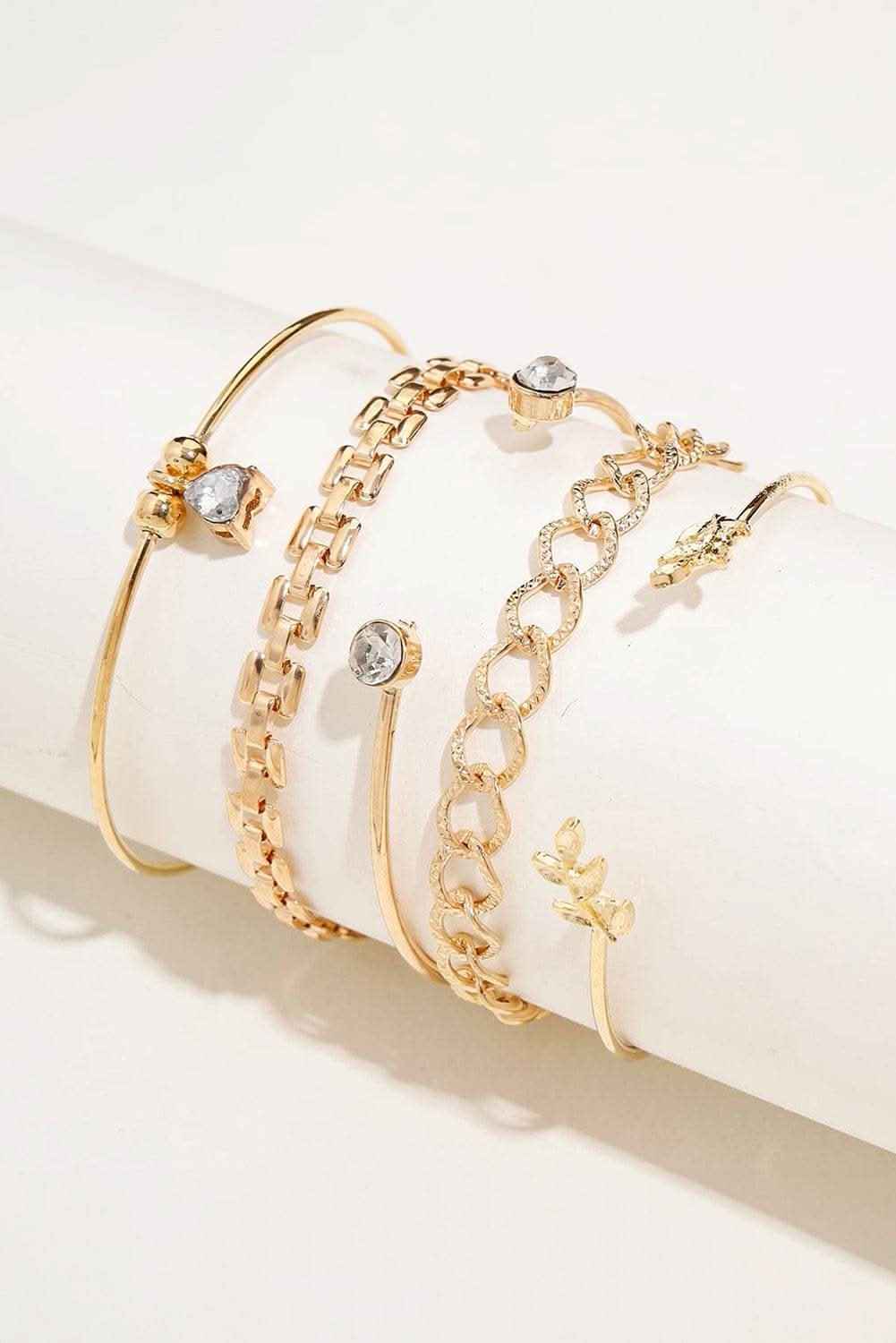 Gold Leaves Heart Shape Rhinestone Inlay Adjustable Bracelet Set