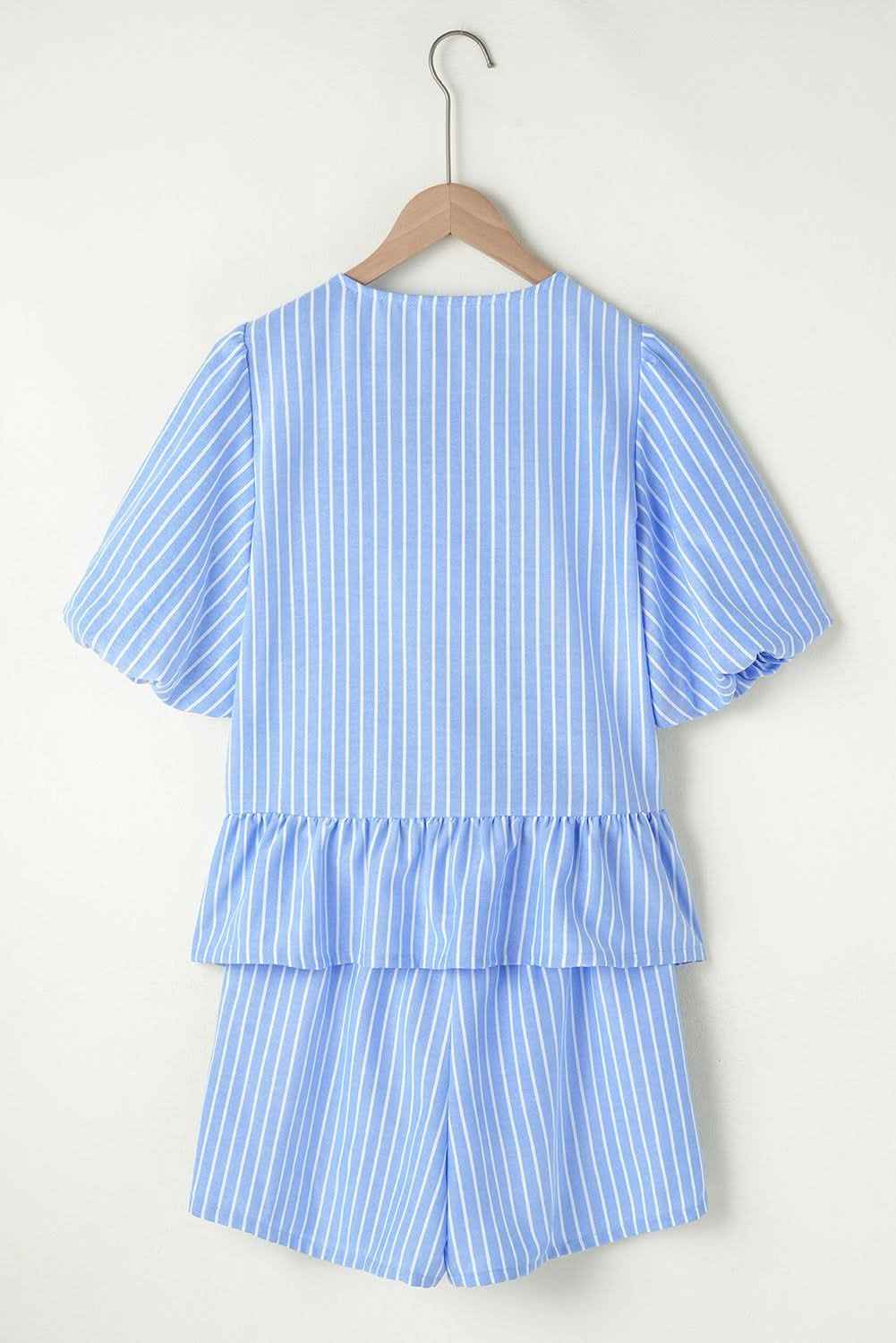 Sky Blue Striped Bowknot Detail Puffy Sleeve Top and Shorts 2Pcs Set