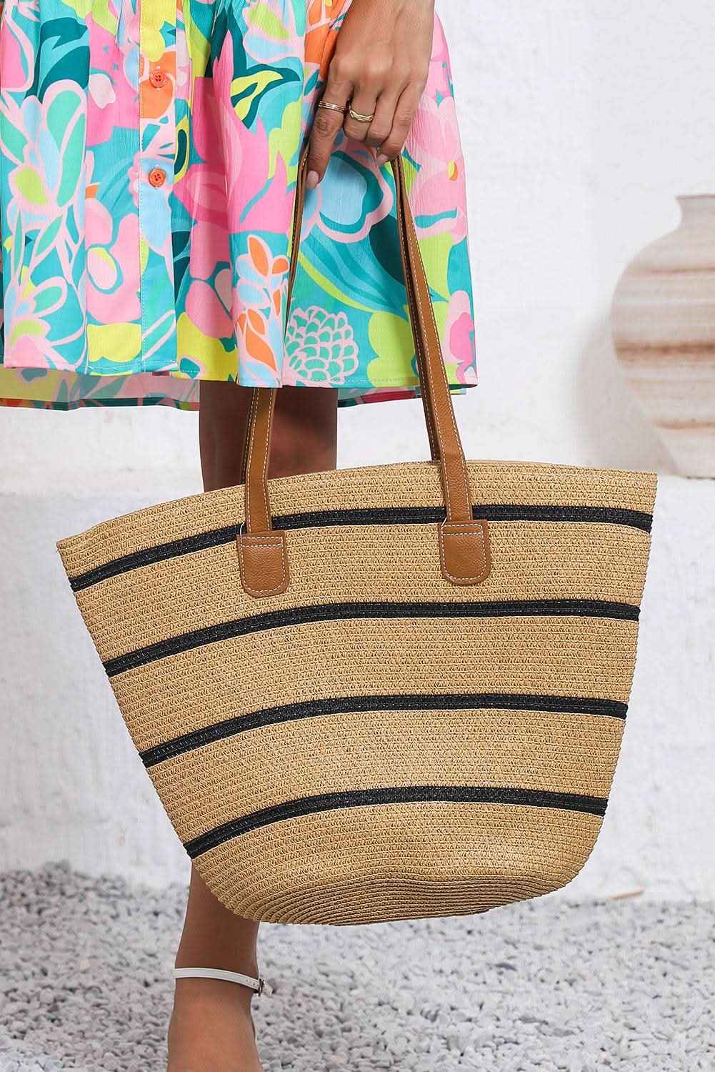 Black Straw Woven Striped Vacation One Shoulder Bag