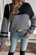 Dark Brown Color Block Knit Striped Sleeve Detail Casual Sweater