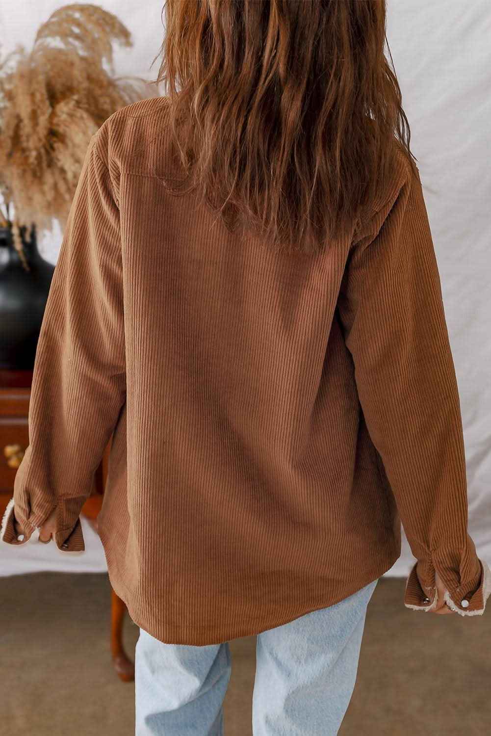 Cinnamon Fleece Lined Buttoned Flap Pockets Corduroy Jacket