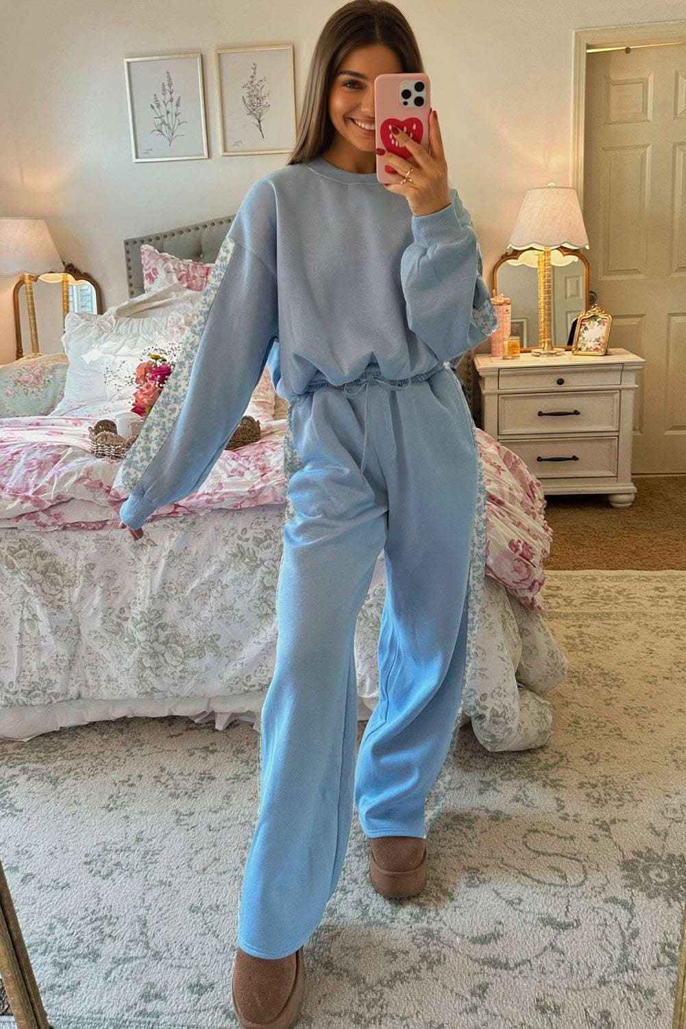 Beau Blue Floral Patchwork Drop Shoulder Pullover and Sweatpants Lounge Set