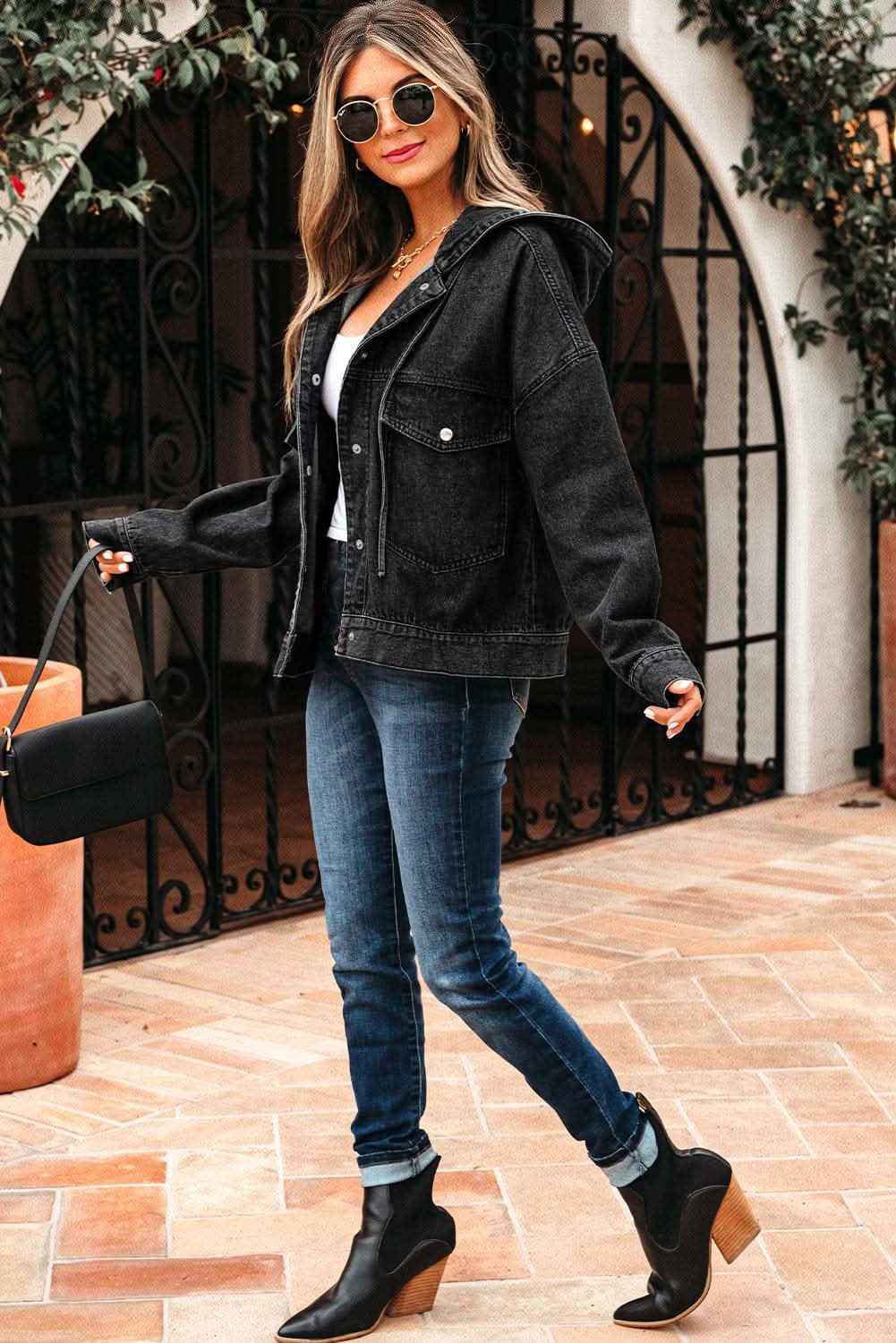 Black Big Chest Pocket Drop Shoulder Hooded Denim Jacket