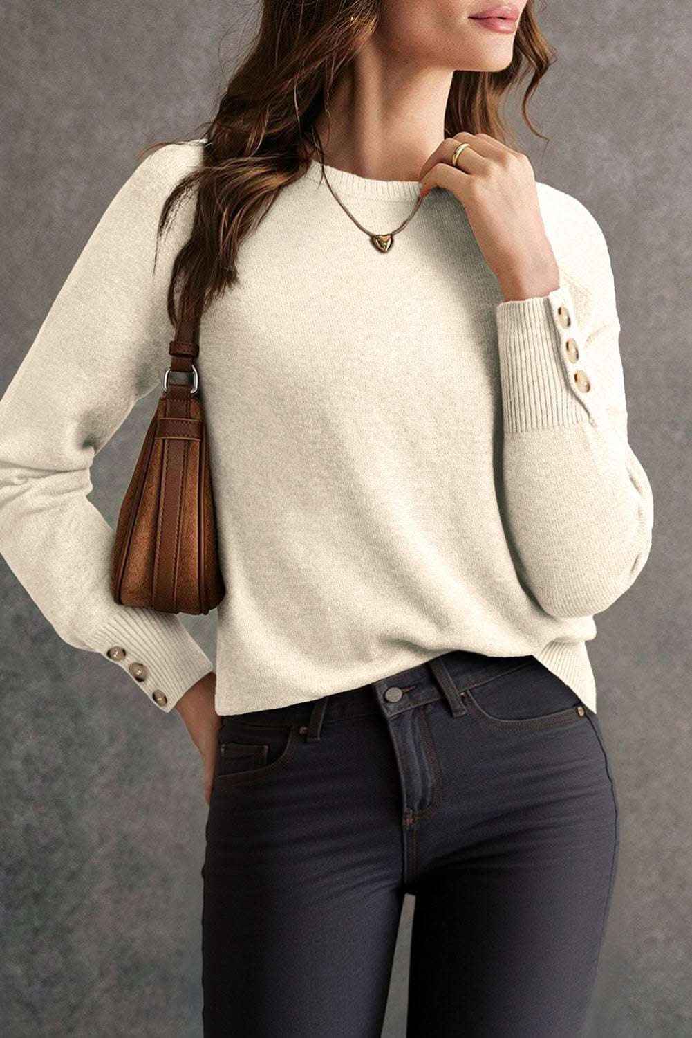 Camel Buttoned Bishop Sleeve Crew Neck Sweater