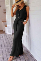 Black Buttoned Vest Drawstring Wide Leg Pants 2pcs Set