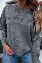 Sea Green saved by grace Letter Embroidery Mineral Wash Loose Sweatshirt