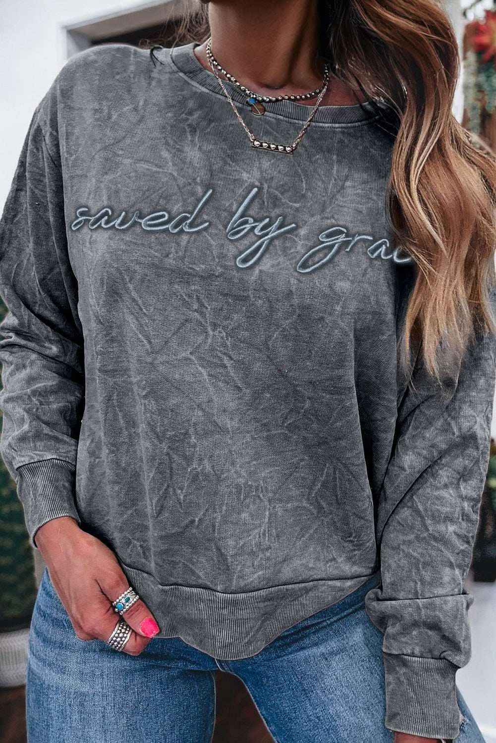 Sea Green saved by grace Letter Embroidery Mineral Wash Loose Sweatshirt