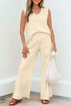 Beige Solid Color Tank Top and Smocked Waist Pants Set
