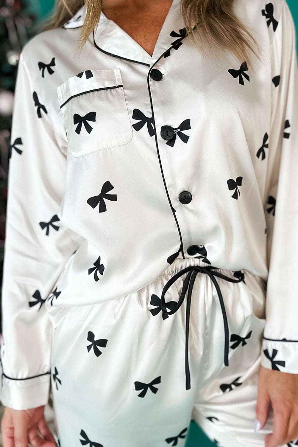 White Bows Print Two Piece Sleepwear