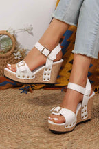 Camel Rivet Buckle Closure Wedge Sandals