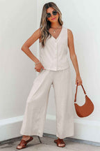 Apricot Buttoned V Neck Tank Top and Wide Leg Pants Casual Outfit