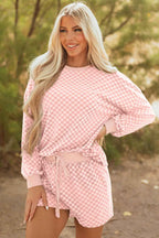 Sky Blue Checkerboard Long Sleeve Pullover and Shorts Set