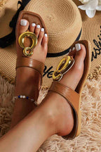 Brown Metal Rings Decor Square Toe Flat Slippers