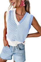 Sky Blue Contrast Chevron Knit V Neck Sweater Vest