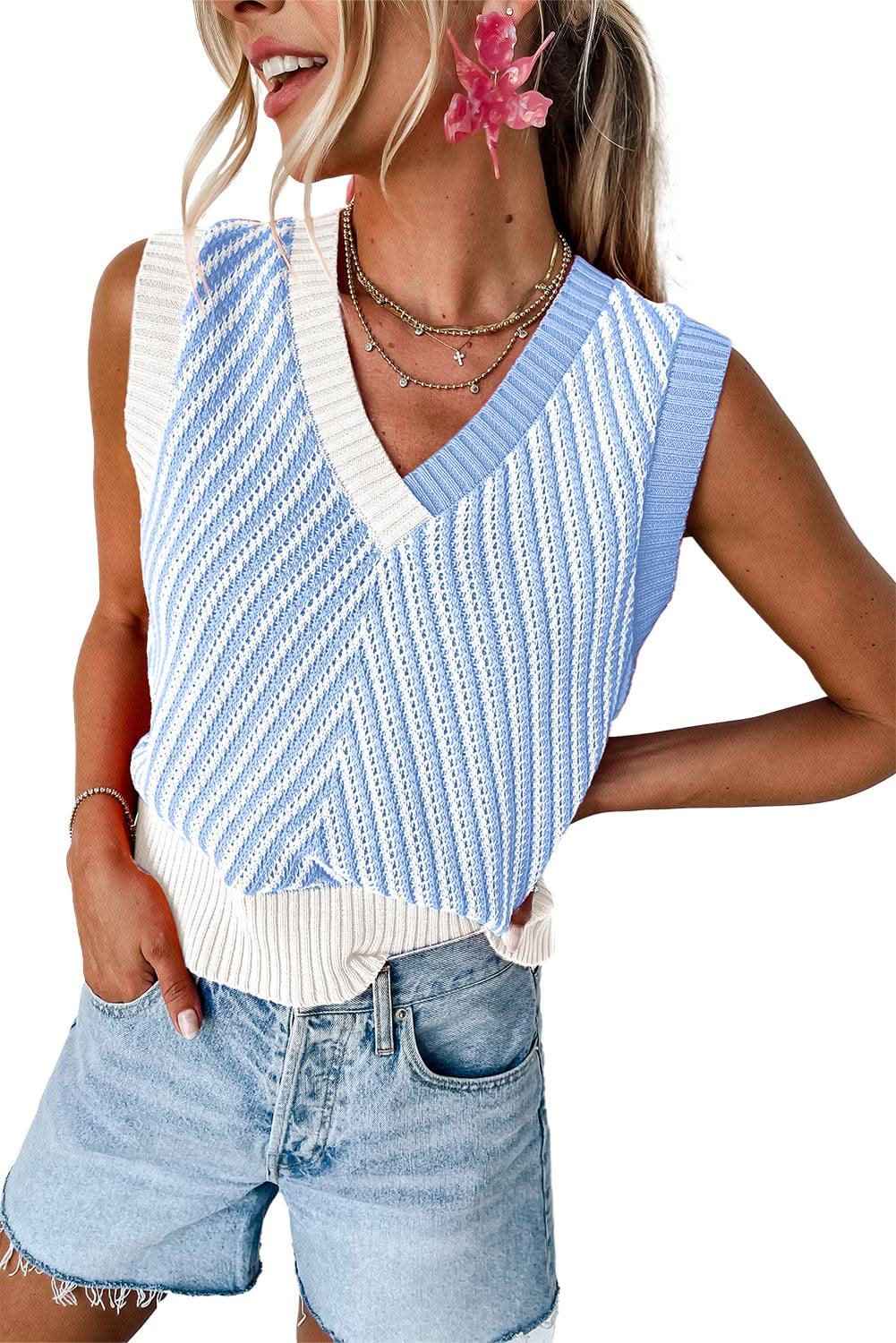Sky Blue Contrast Chevron Knit V Neck Sweater Vest