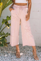 Pink flower patch cropped wide leg terry knit pants with mineral washed finish