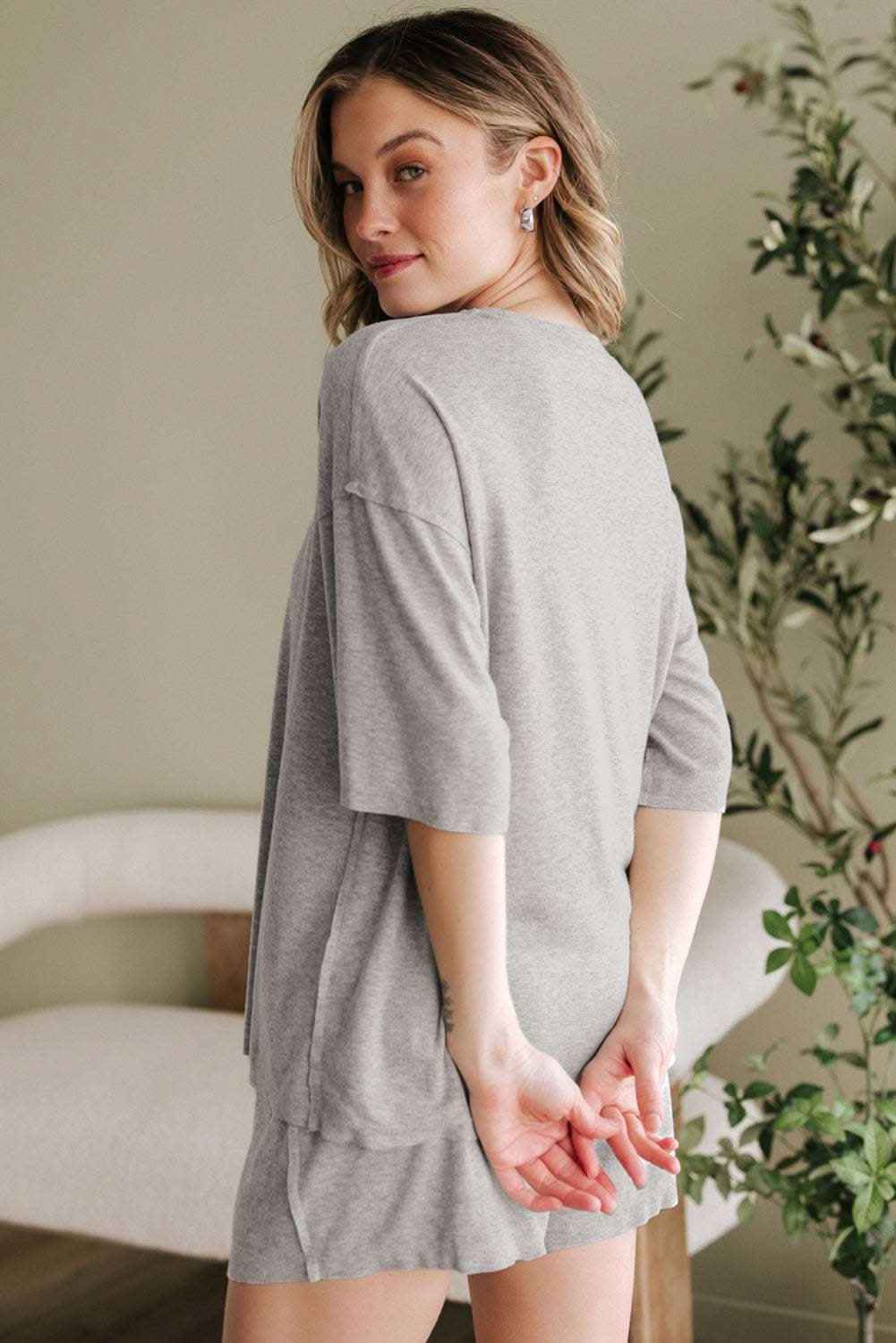 Gray Solid Color Loose Tee 2 Piece Shorts Set
