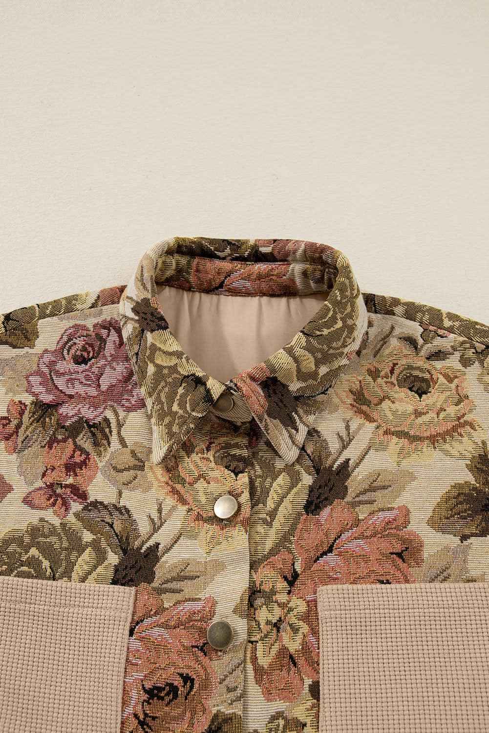 Khaki Floral Waffle Knit Patchwork Chest Pockets Buttoned Jacket