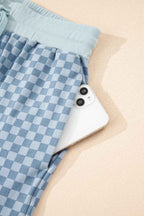 Sky Blue Checkerboard Long Sleeve Pullover and Shorts Set