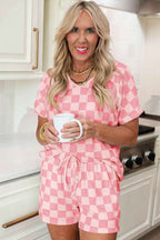Beige Checkered V Neck Tee Drawstring Shorts Lounge Set