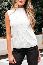 White Pearled High Neck Textured Knit Sweater Vest