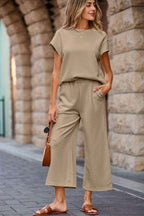 Parchment Solid Color Textured Short Sleeve Top and Casual Pants Set
