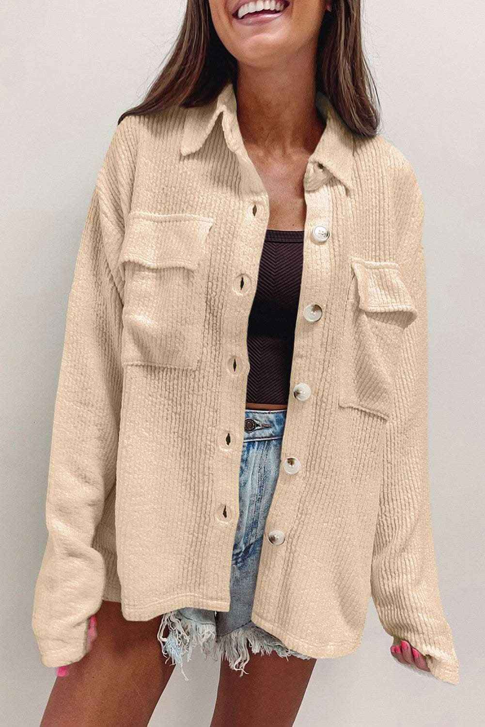 Dark Khaki Solid Color Corduroy Buttoned Long Sleeve Shacket