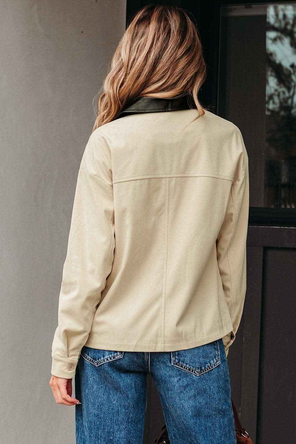 Parchment Contrast Leather Collar Textured Zip Up Jacket