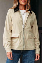 Parchment Contrast Leather Collar Textured Zip Up Jacket