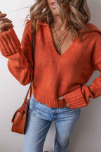 Chestnut Collared V Neck Ribbed Edge Sexy Elegant Sweater