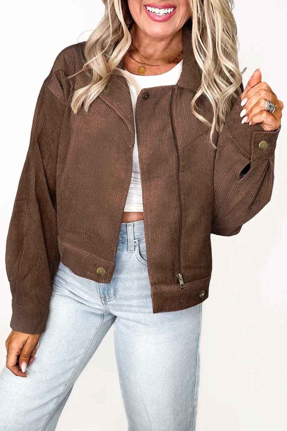 Dark Khaki Button Zip Up Lapel Collar Corduroy Jacket