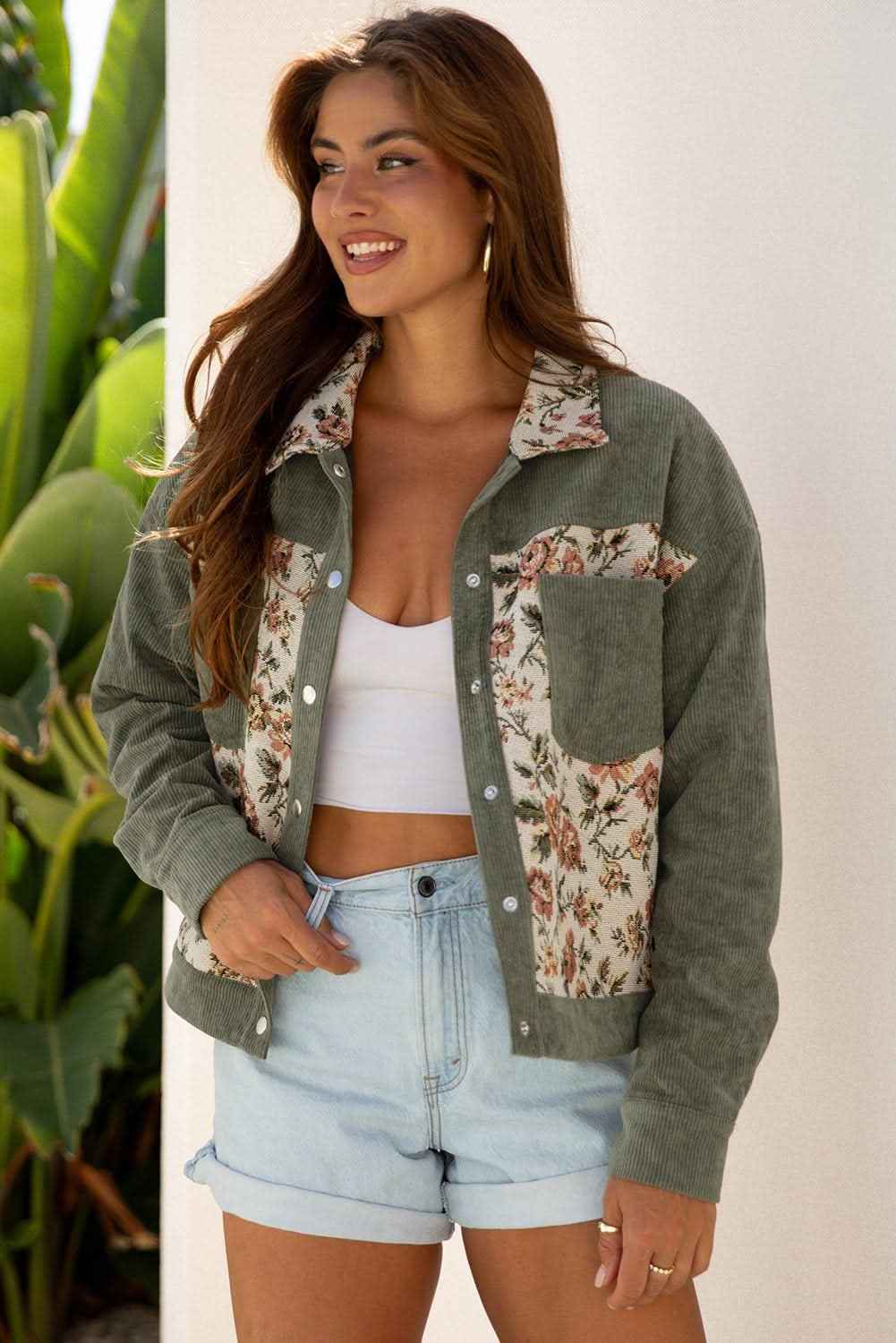 Clay Ribbed Retro Floral Patchwork Shirt Style Jacket