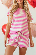Rose Stripe Crew Neck T Shirt and Drawstring Shorts Set