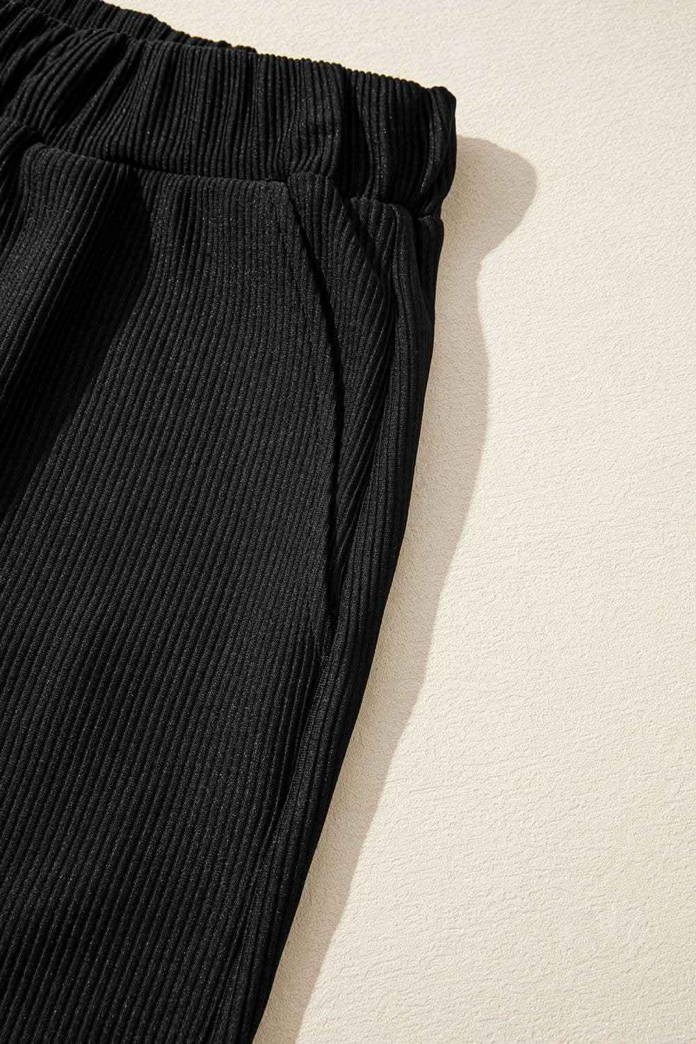 Black Ribbed Texture Baggy Drop Shoulder Pullover and Shorts Set