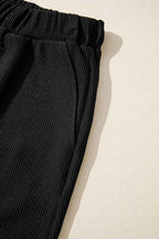 Black Ribbed Texture Baggy Drop Shoulder Pullover and Shorts Set