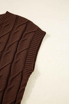 Dark Brown Cable Texture Crew Neck Short Sleeve Sweater Top