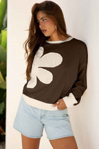 Coffee Raw Edge Flower Patch Drop Shoulder Casual Top