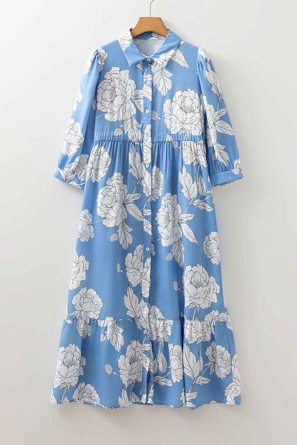 Sky Blue Floral Print Shirt Collar Button Down 3/4 Sleeve Ruffle Hem Long Dress