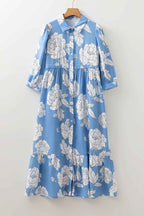 Sky Blue Floral Print Shirt Collar Button Down 3/4 Sleeve Ruffle Hem Long Dress