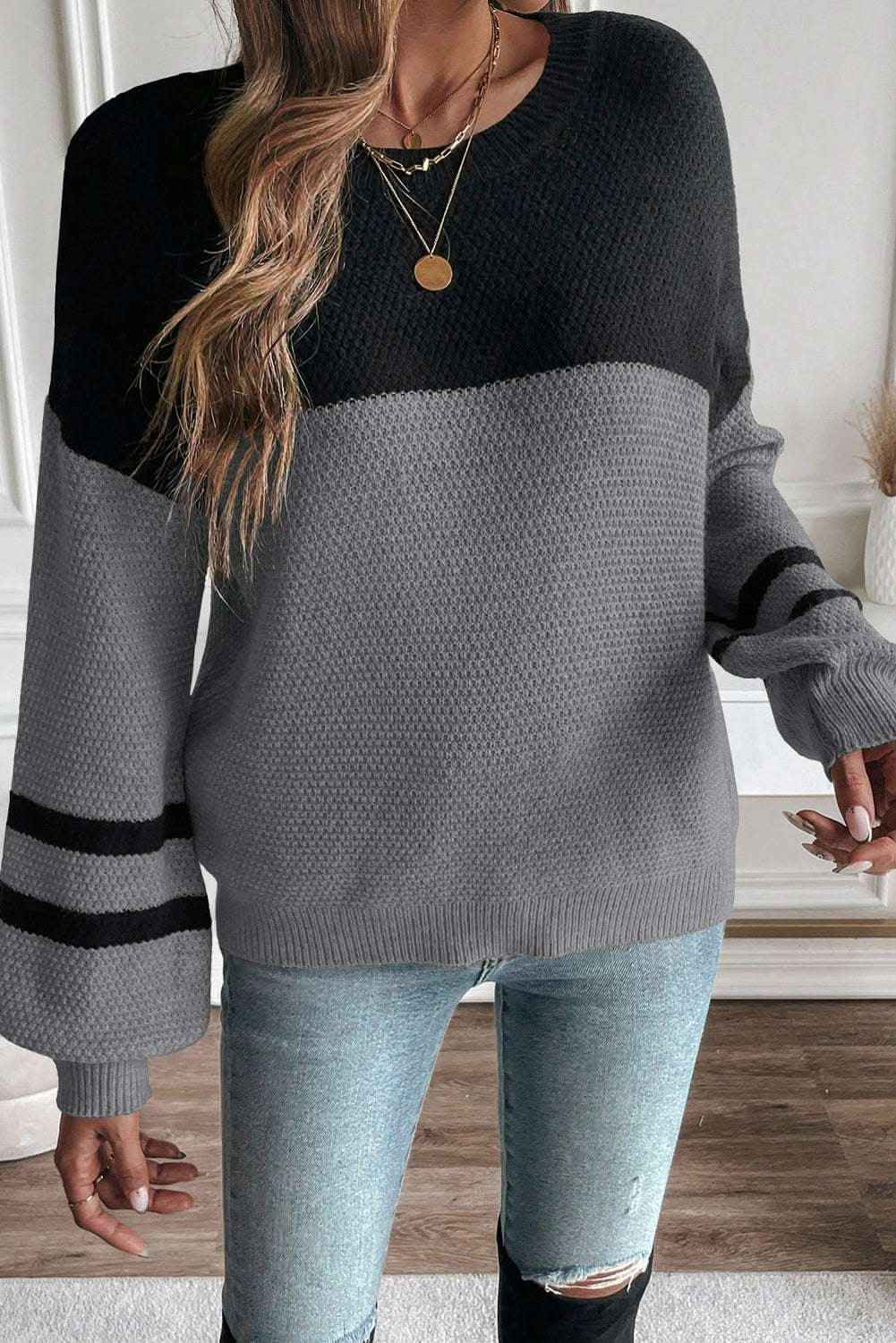 Dark Brown Color Block Knit Striped Sleeve Detail Casual Sweater