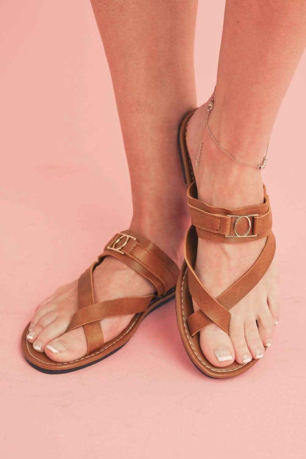 Chestnut Cross Toe Metal Buckle Leathered Flat Slippers