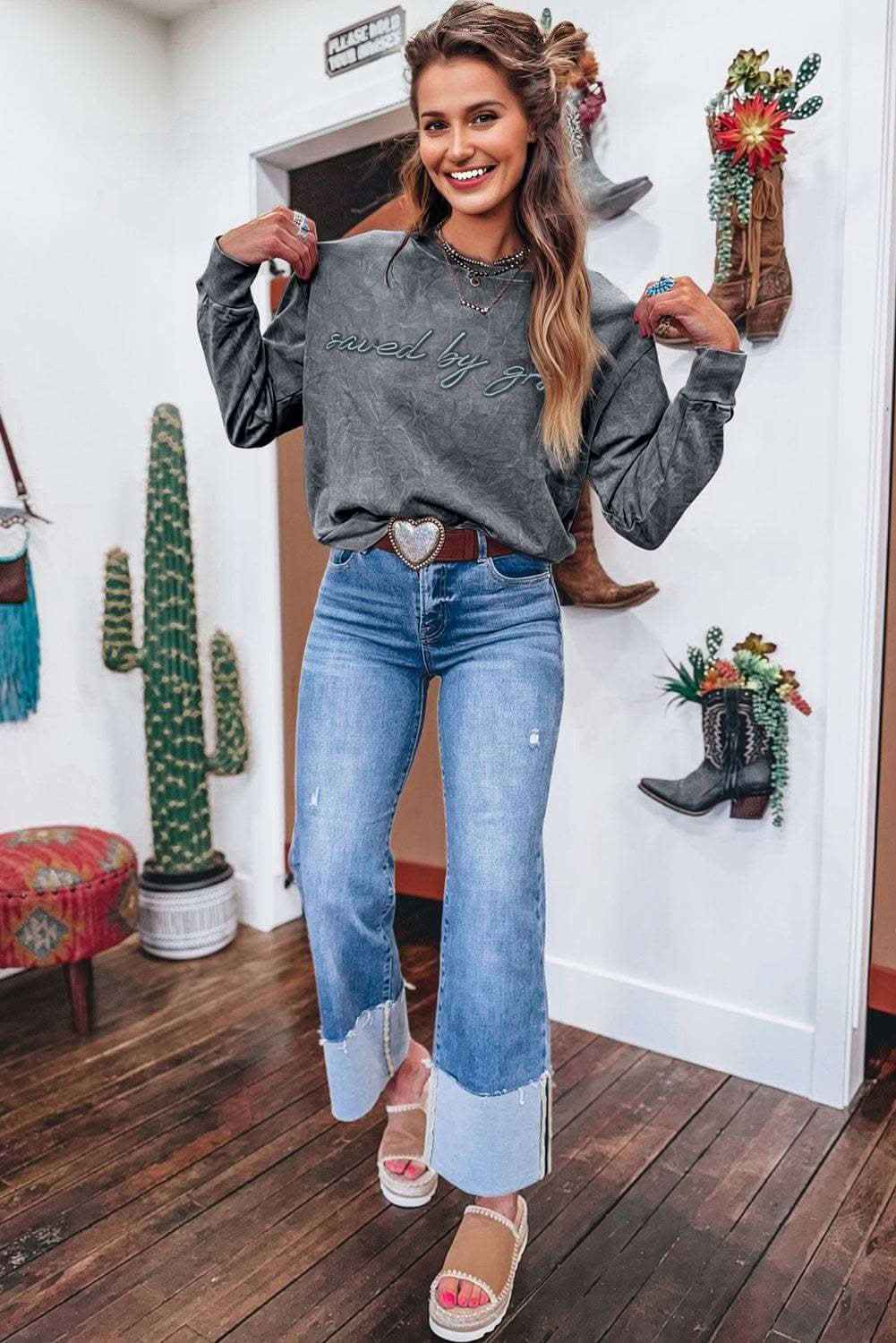 Sea Green saved by grace Letter Embroidery Mineral Wash Loose Sweatshirt