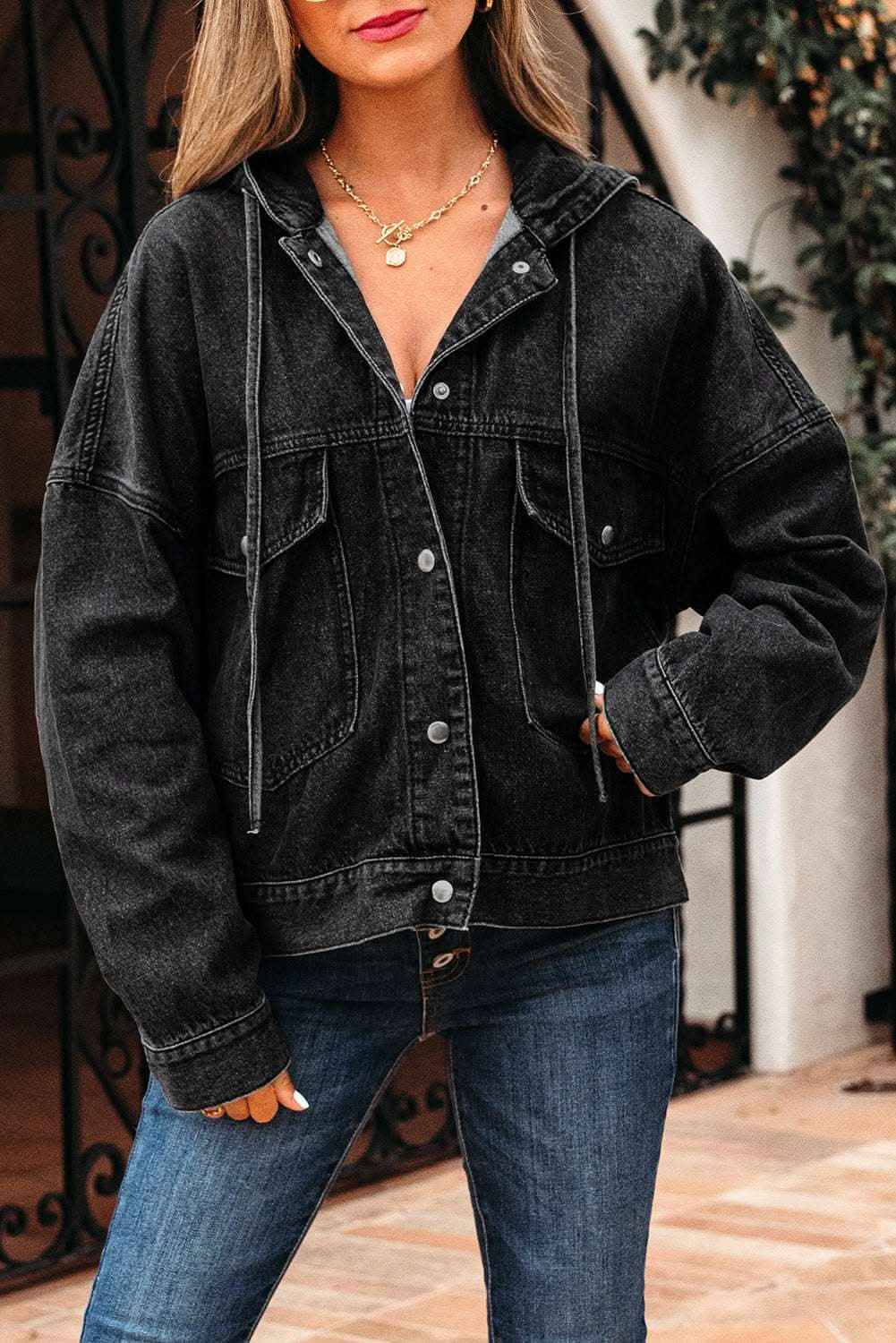 Black Big Chest Pocket Drop Shoulder Hooded Denim Jacket