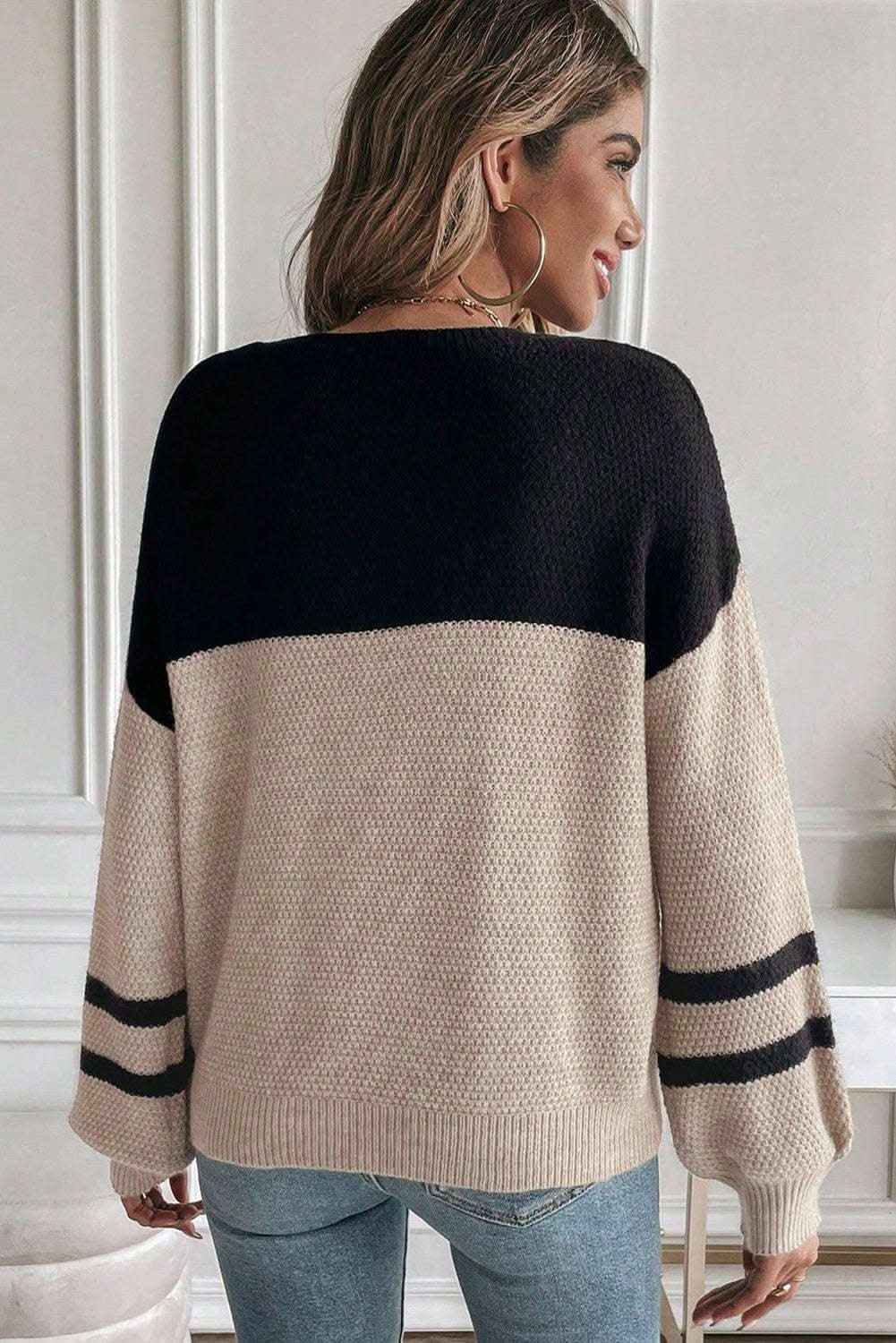 Dark Brown Color Block Knit Striped Sleeve Detail Casual Sweater
