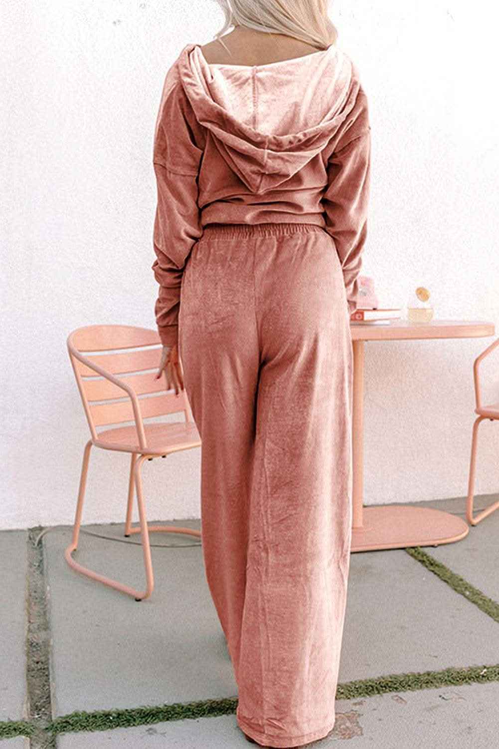 Peach Blossom Velvet Zip-up Hoodie and Wide Leg Pants Set