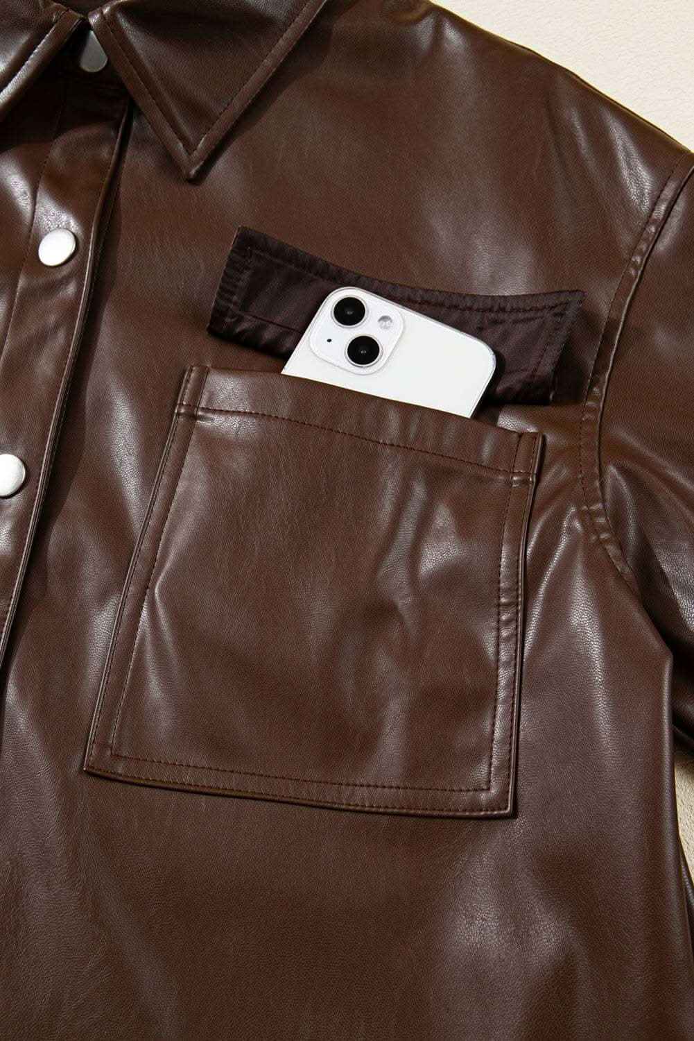 Chicory Coffee Double Flap Pocket Drawstring Hem Leather Jacket