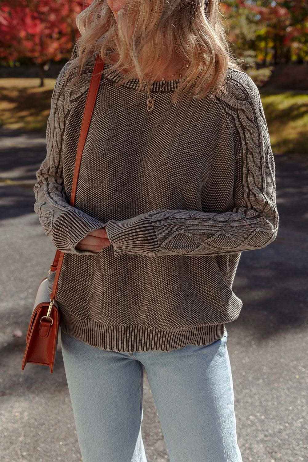 Dark Brown Contrast Cable Knit Sleeve Casual Sweater
