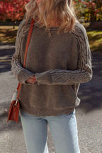 Dark Brown Contrast Cable Knit Sleeve Casual Sweater